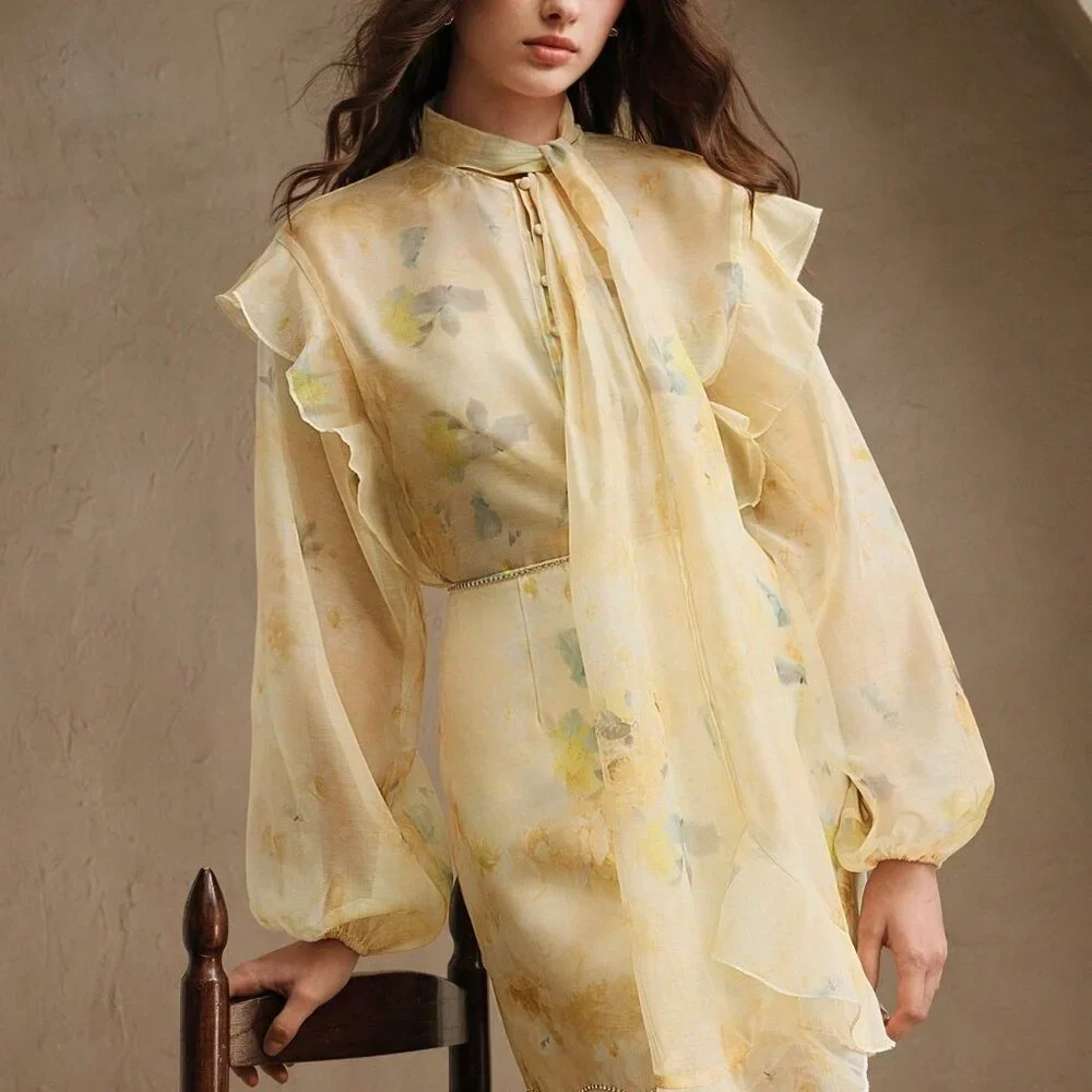 Yellow Elegant Women's French Floral Print High Waist Skirt